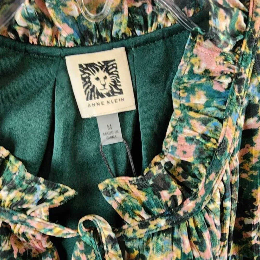 Anne Klein Tulla Printed Tie-Neck Blouse Women's M Pine Forest Multi Pullover - Picture 5 of 13